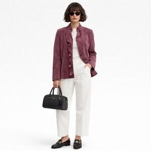 Parisian Signature Petite PXL Suede Leather Ruffle Jacket Mauve ‎ quiet luxury